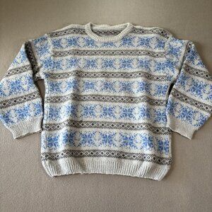 Handmade Knit VTG Fair Isle Wool Blend Nordic Ski Sweater Grey Blue S/M Outdoors